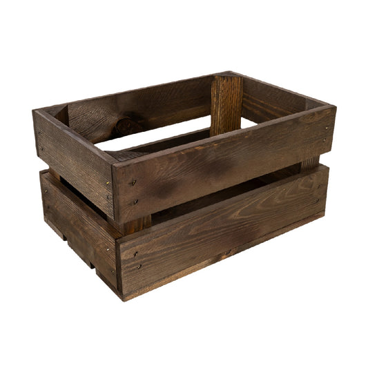 Vintage Dark Espresso Stained Rectangular Slatted Wood Crate