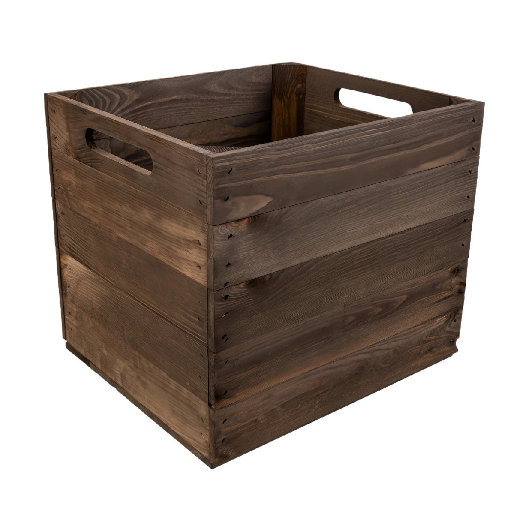 Rustic Dark Espresso Solid Wood Square Storage Crate with Handles