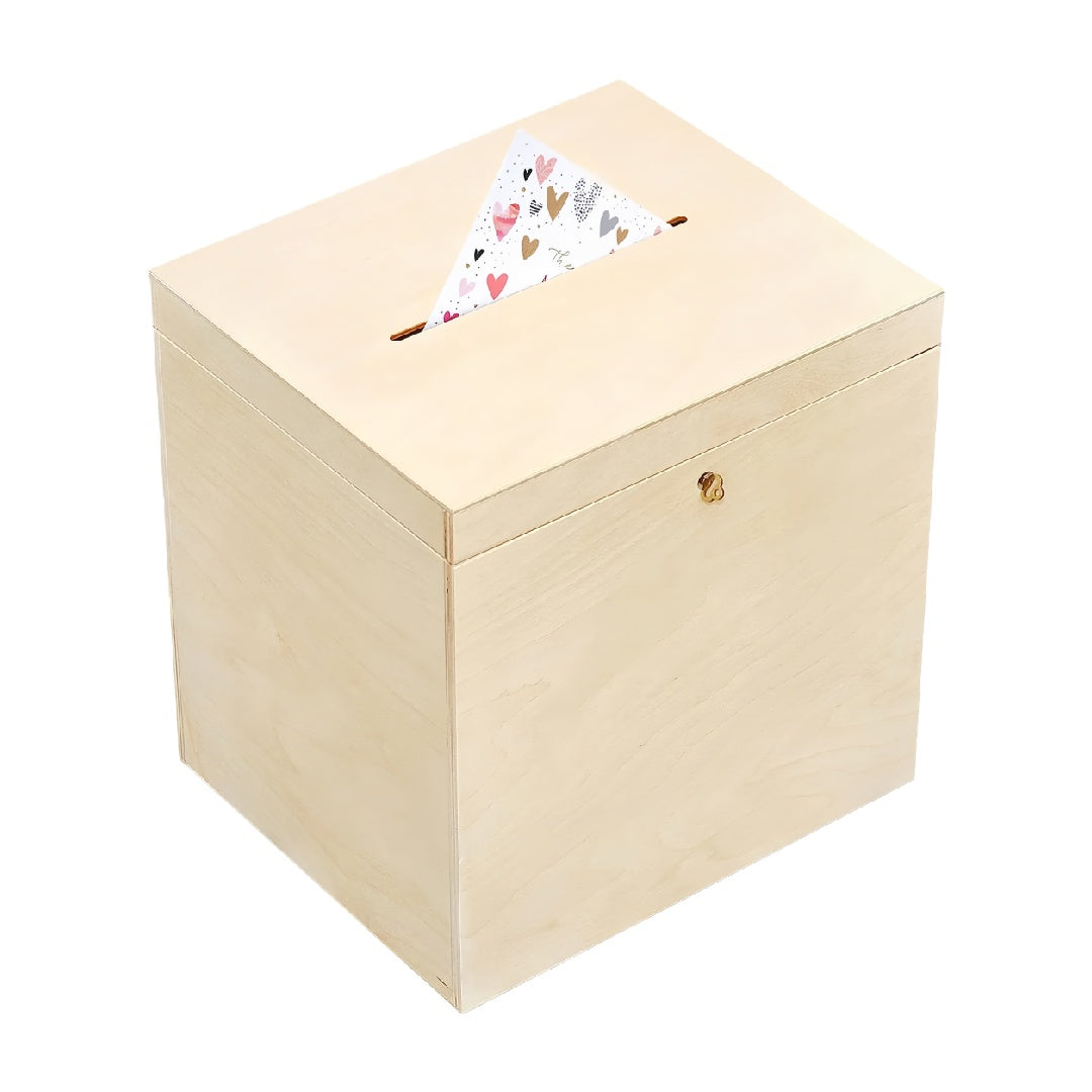 Natural Pine Wood Card Box with Top Slot and Security Lock for Weddings & Events