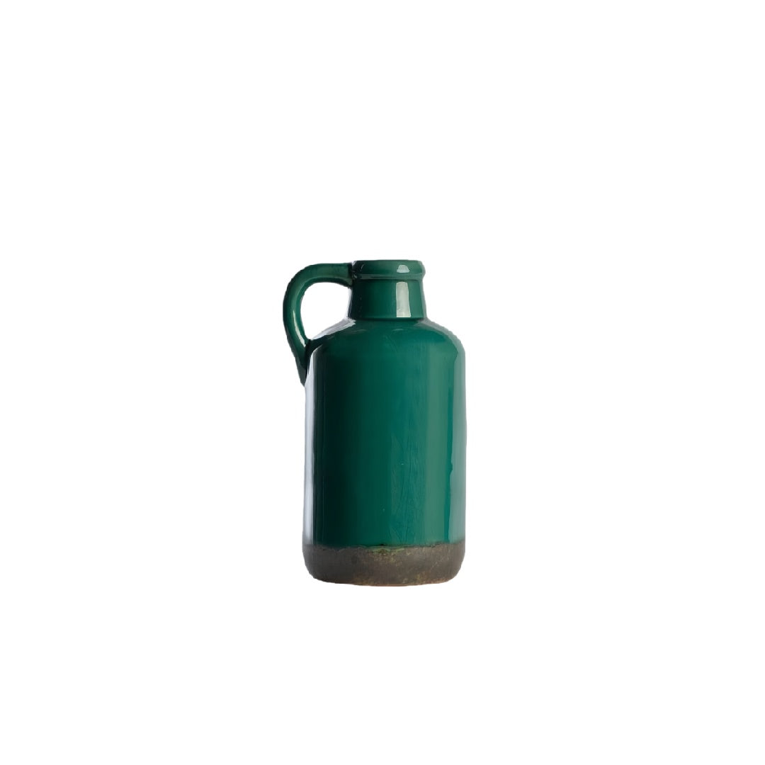 Handcrafted Emerald Green Glazed Ceramic Jug Vase with Handle